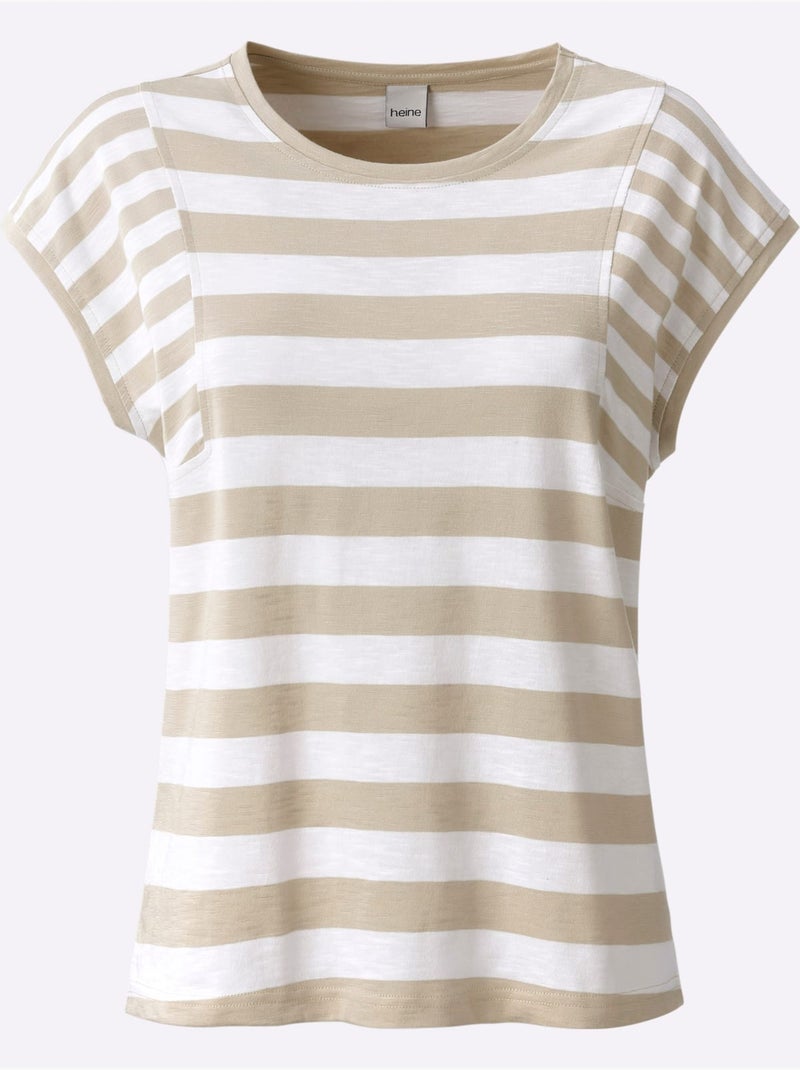 T-shirt à Rayures Pur Coton - Taille Standard - Helline Blanc/Sable - Kiabi