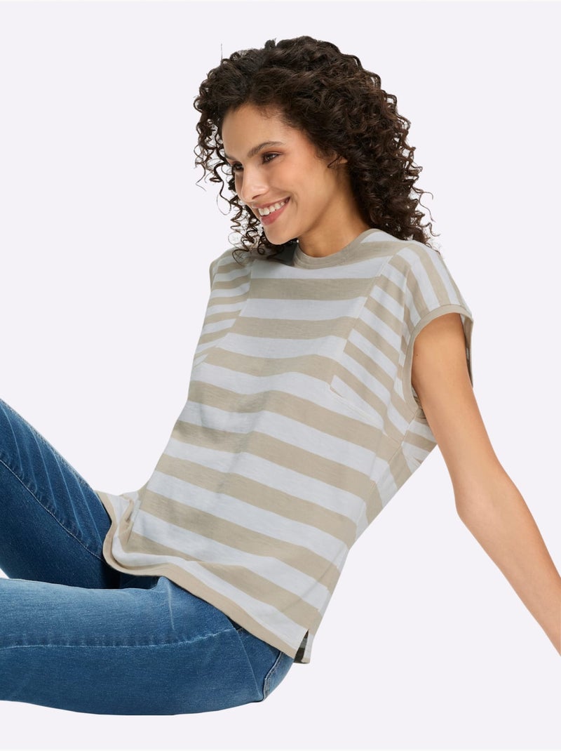T-shirt à Rayures Pur Coton - Taille Standard - Helline Blanc/Sable - Kiabi