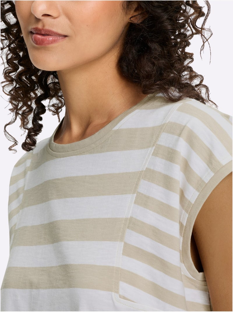 T-shirt à Rayures Pur Coton - Taille Standard - Helline Blanc/Sable - Kiabi
