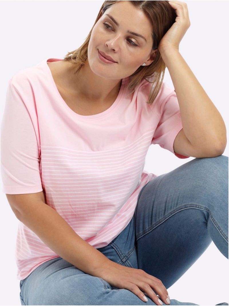 T-shirt à Rayures Sportives - Taille Standard - Sheego Blanc Rose Blanc - Kiabi