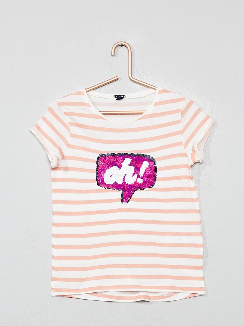 T-shirt à sequins réversibles 'bulle' écru/rose rayé - Kiabi