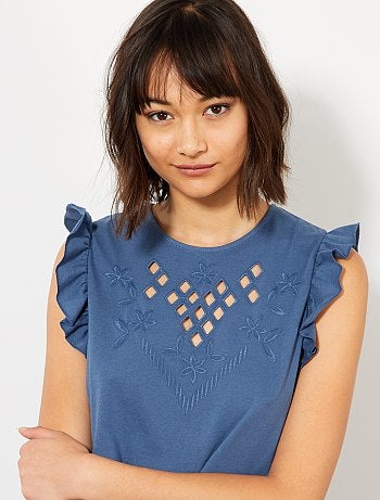 T-shirt à volants et broderie anglaise - Kiabi