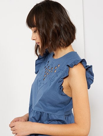 T-shirt à volants et broderie anglaise - Kiabi
