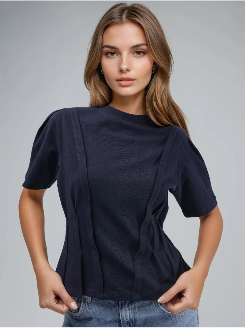 T-shirt ajusté à col rond Bleu foncé - Kiabi
