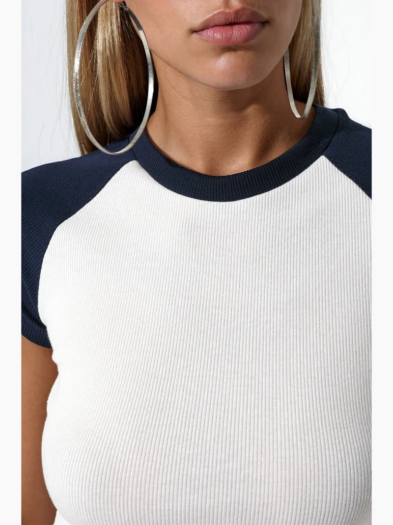 T-shirt ajusté à col rond et color-block busem Blanc Bleu - Kiabi