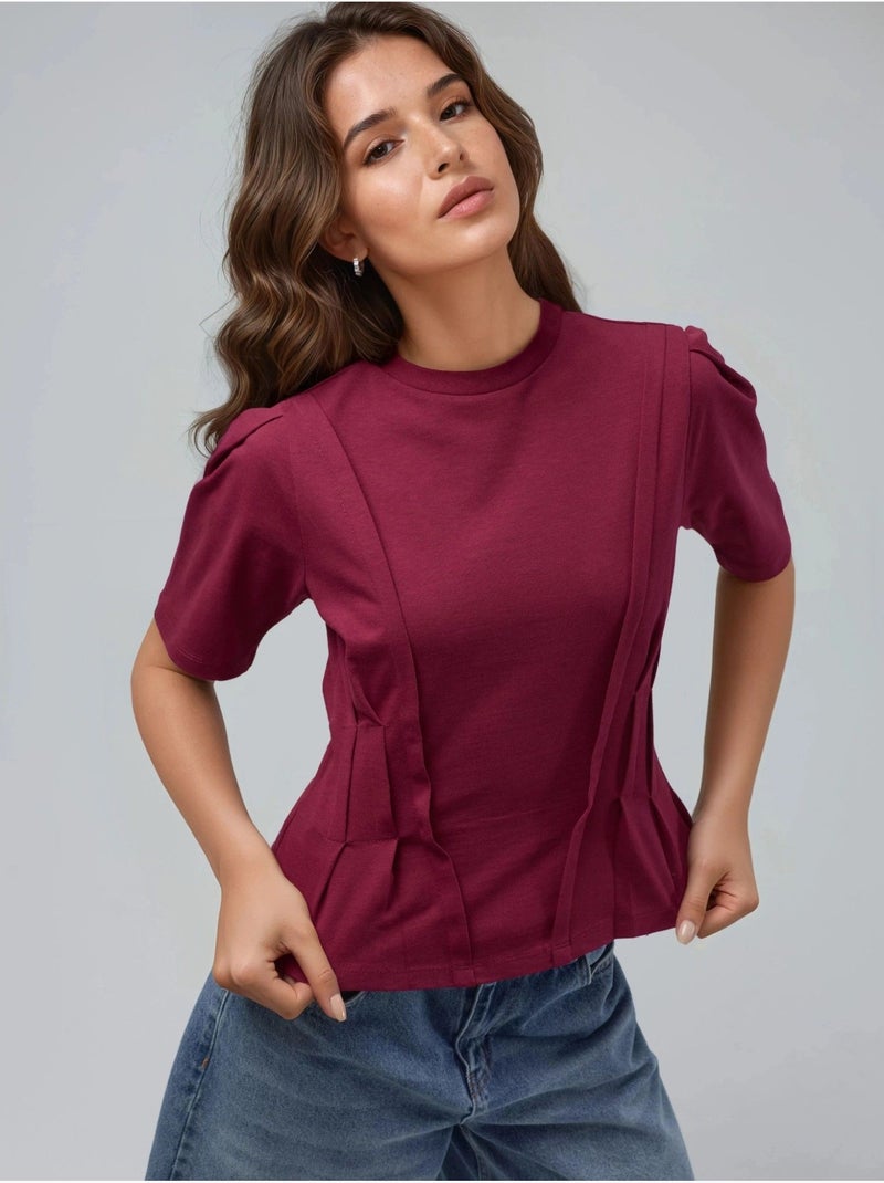 T-shirt ajusté à col rond Rouge cachemire - Kiabi