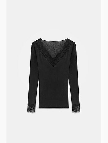 T-shirt ajusté à manches longues col v dentelle dilvin