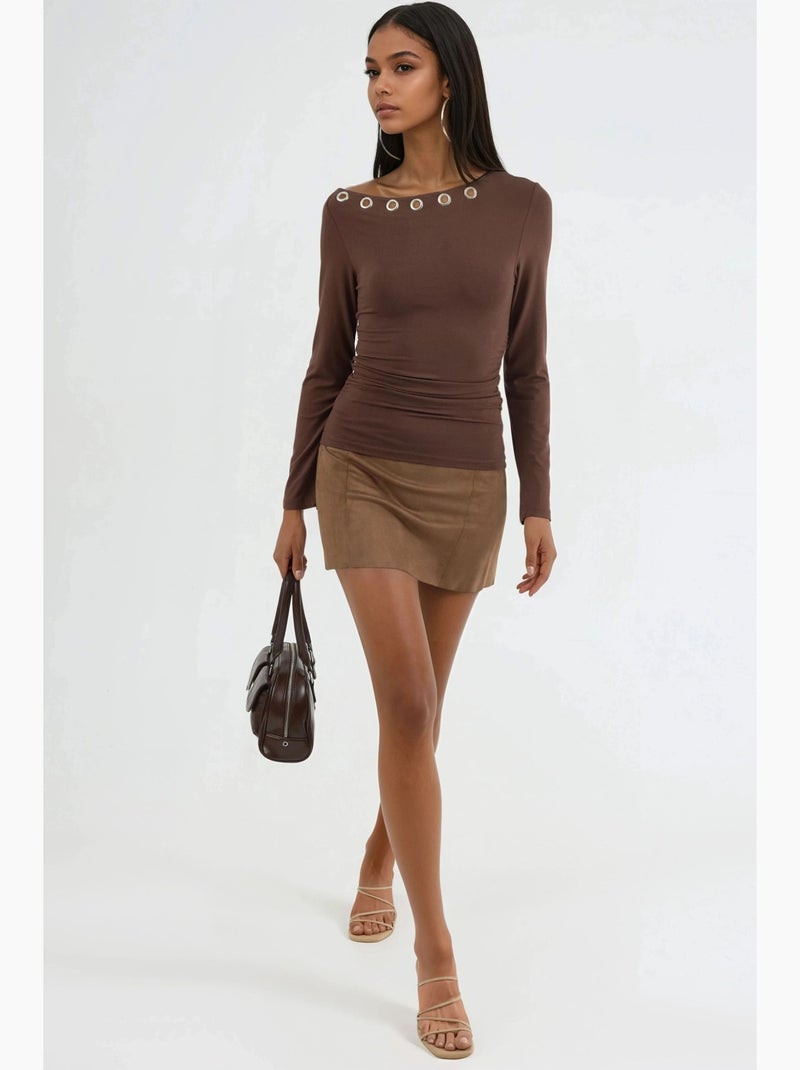 T-shirt ajusté col bateau manches longues busem Marron - Kiabi