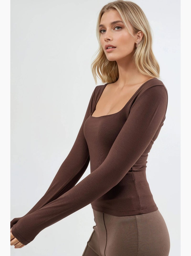T-shirt ajusté col carré manches longues busem Marron - Kiabi