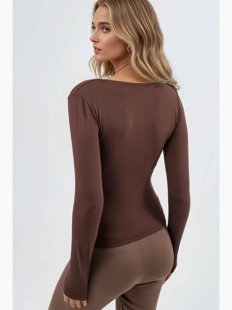 T-shirt ajusté col carré manches longues busem Marron - Kiabi