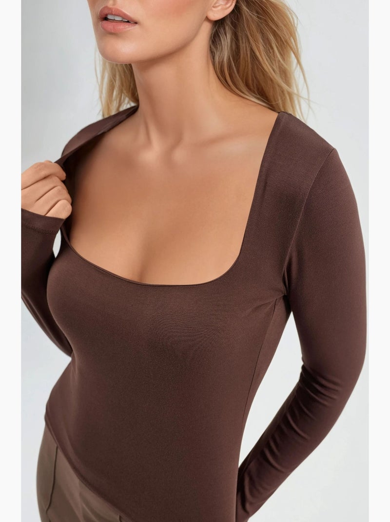 T-shirt ajusté col carré manches longues busem Marron - Kiabi