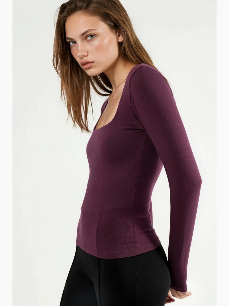 T-shirt ajusté col carré manches longues busem Mauve - Kiabi