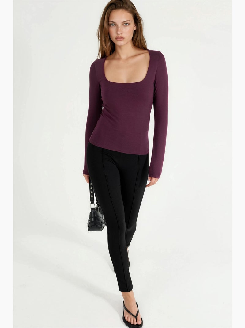T-shirt ajusté col carré manches longues busem Mauve - Kiabi