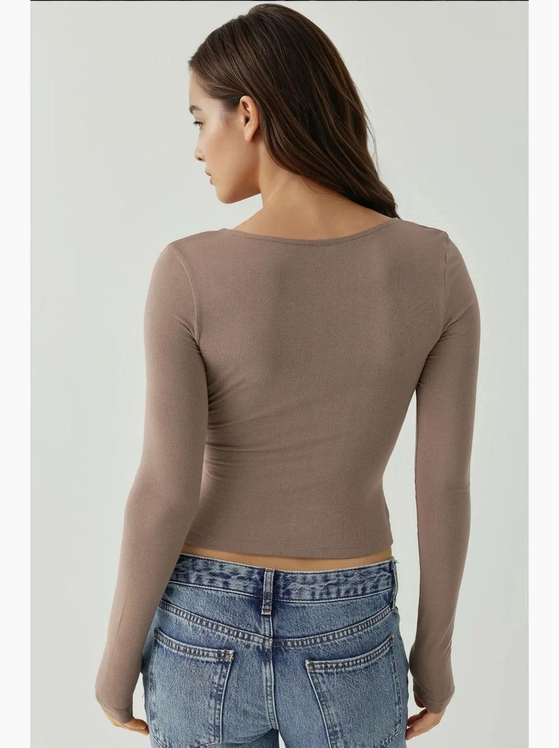 T-shirt ajusté col en v doux manches longues hiccup Marron clair - Kiabi