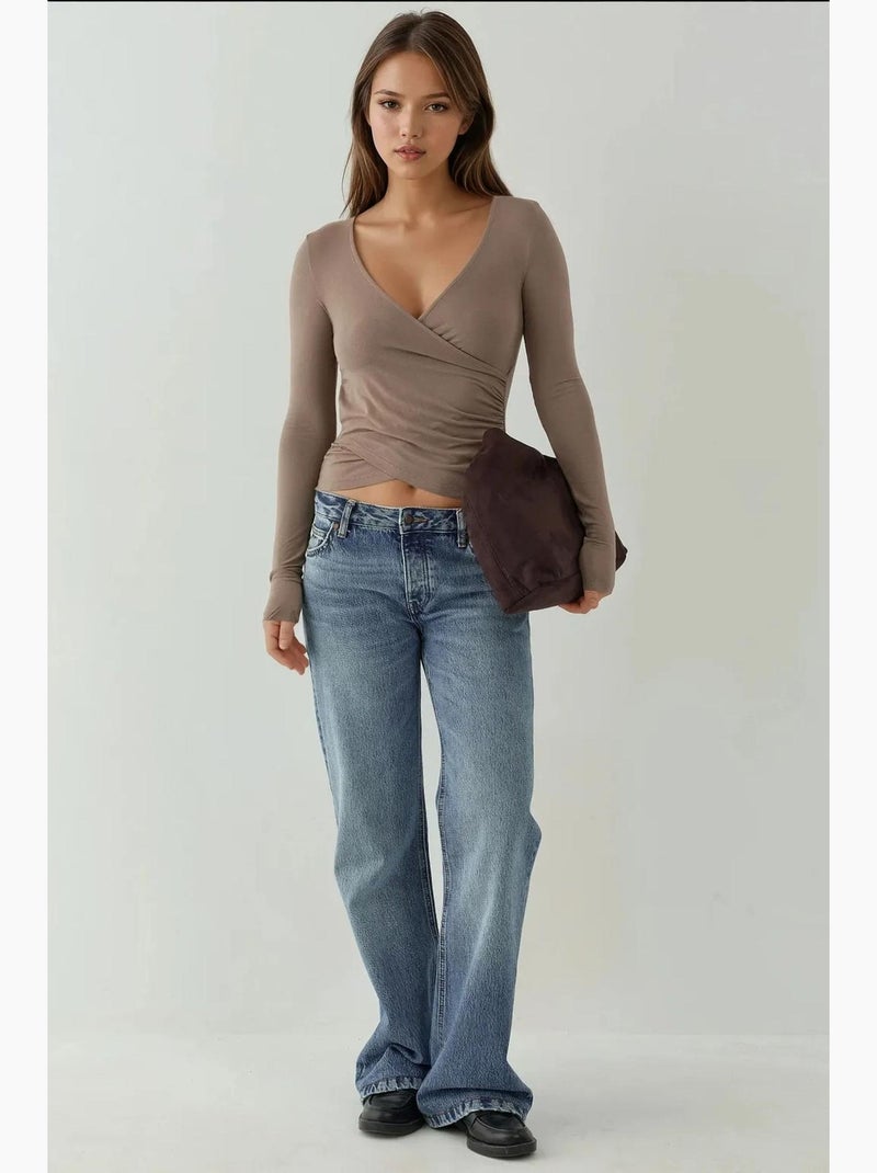 T-shirt ajusté col en v doux manches longues hiccup Marron clair - Kiabi