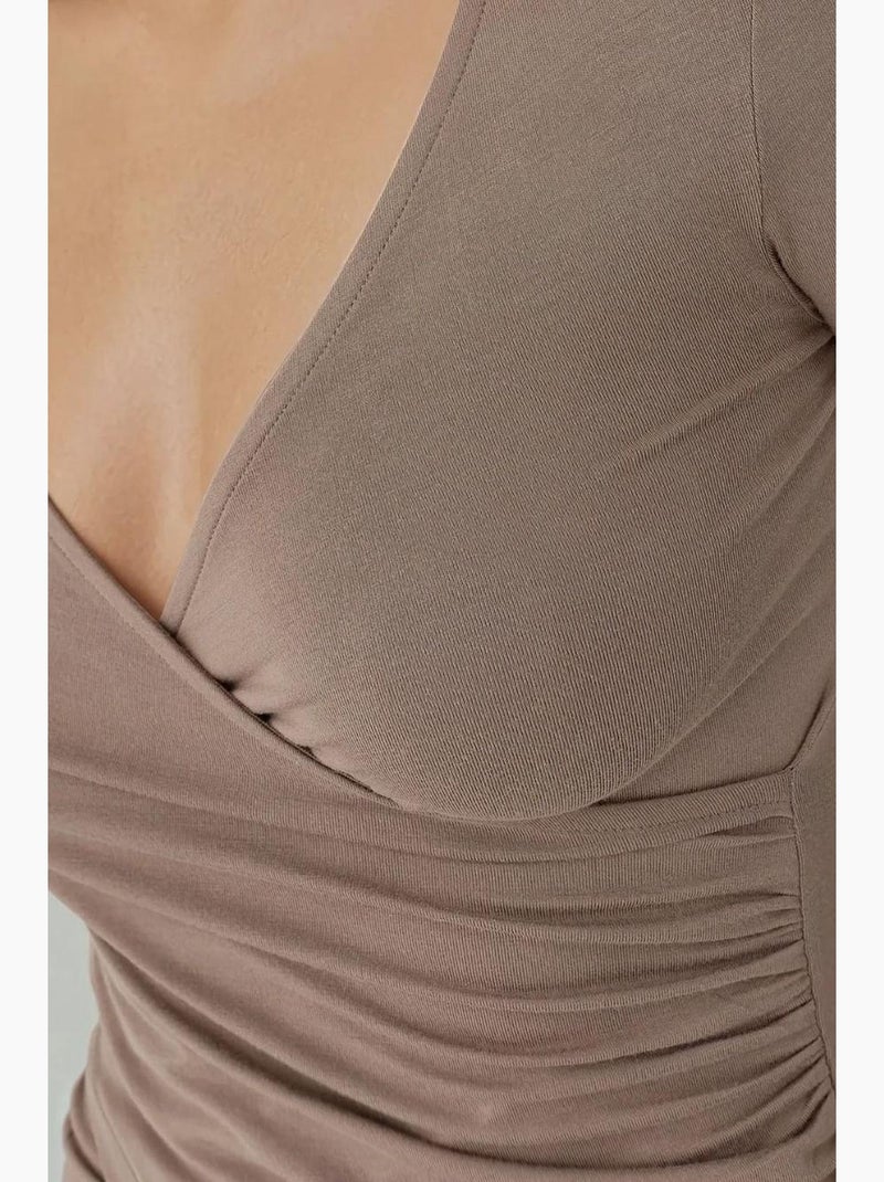 T-shirt ajusté col en v doux manches longues hiccup Marron clair - Kiabi