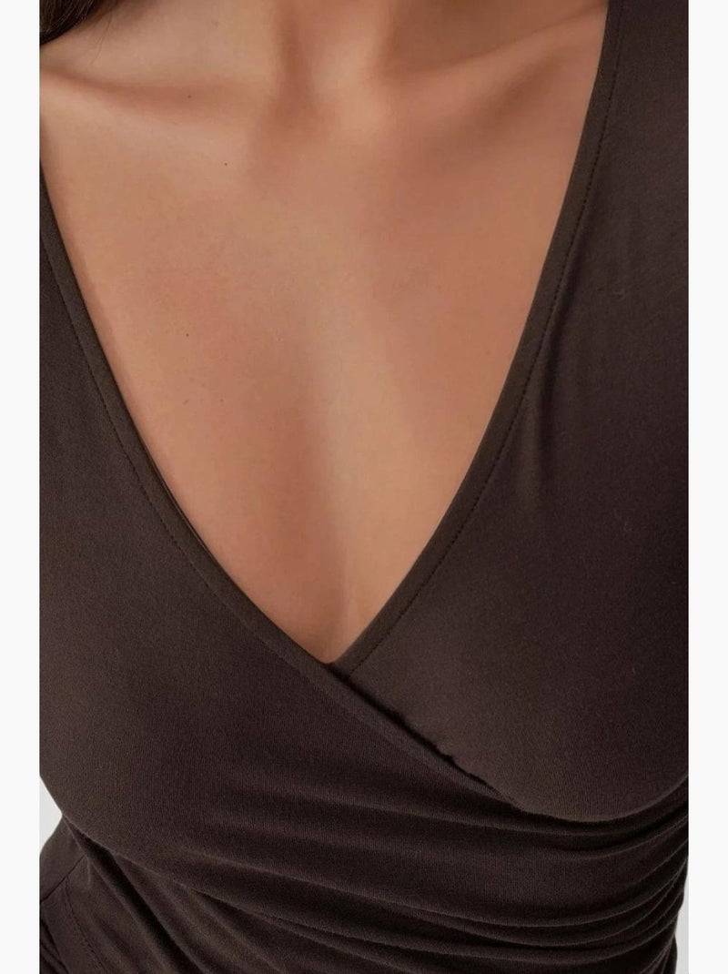 T-shirt ajusté col en v doux manches longues hiccup Marron foncé - Kiabi