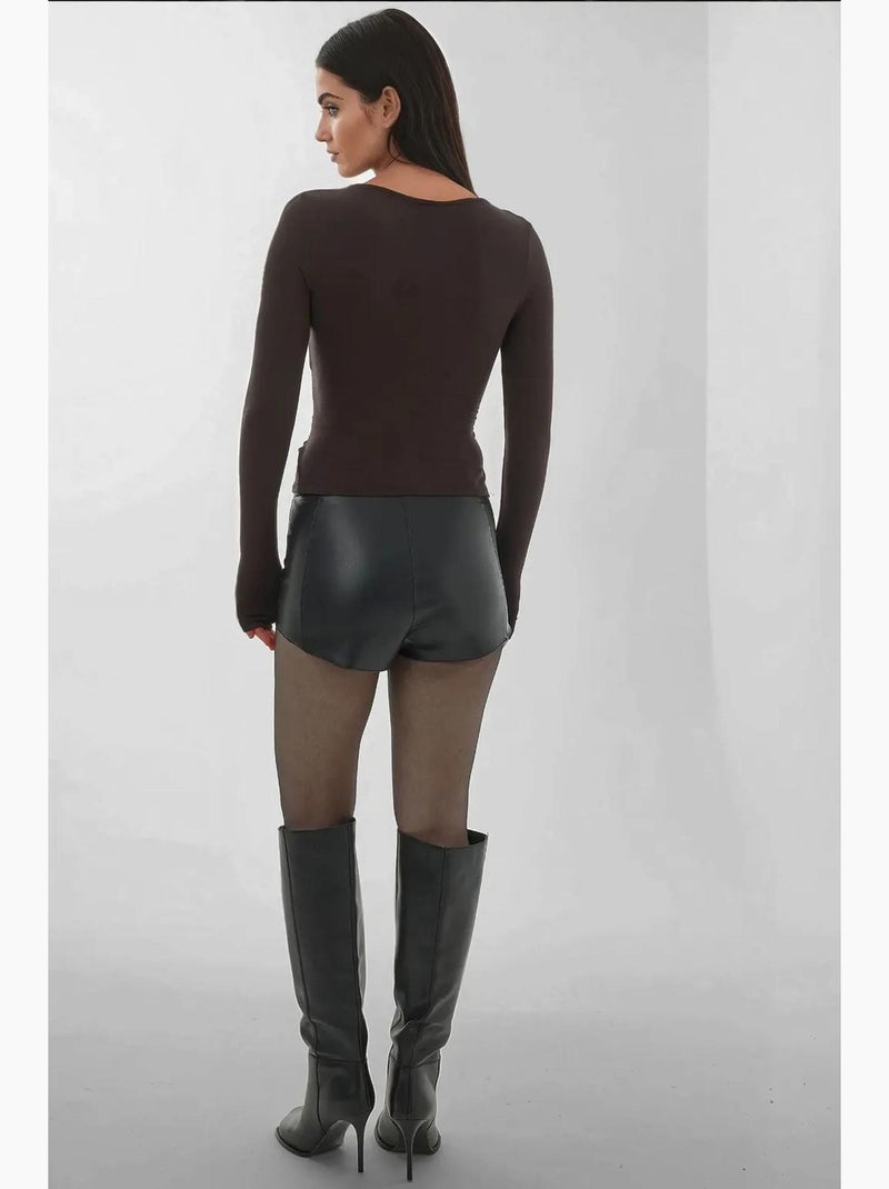 T-shirt ajusté col en v doux manches longues hiccup Marron foncé - Kiabi