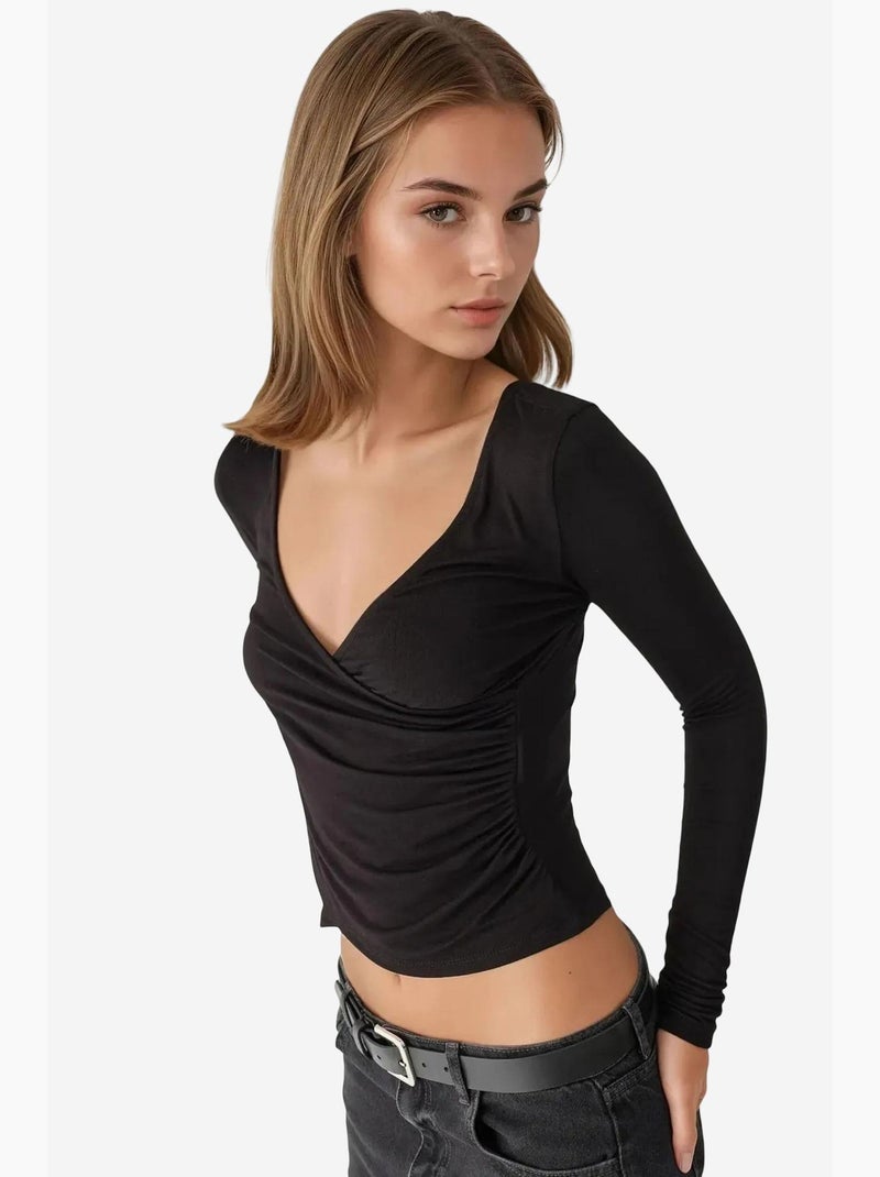 T-shirt ajusté col en v doux manches longues hiccup Noir - Kiabi