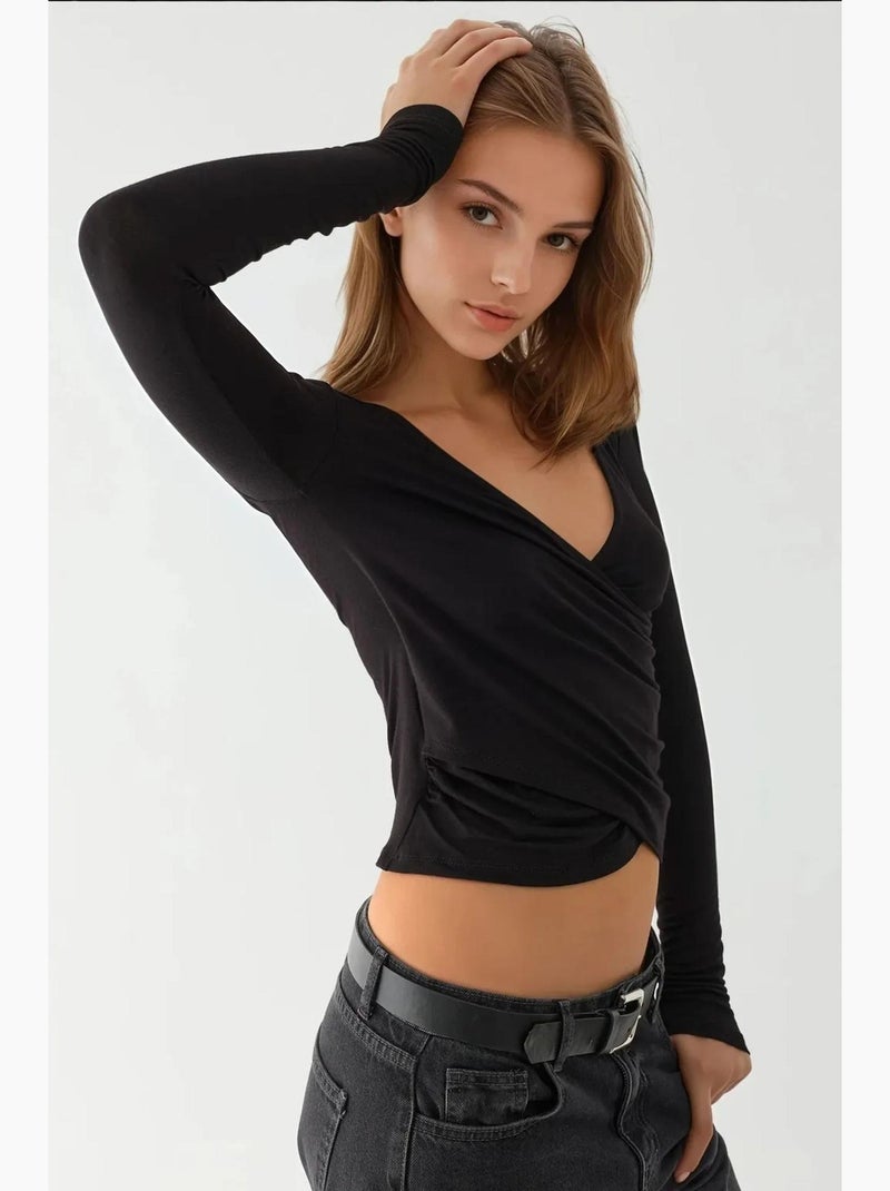 T-shirt ajusté col en v doux manches longues hiccup Noir - Kiabi