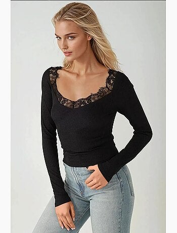 T-shirt ajusté col en v maille détail dentelle manches longues hiccup