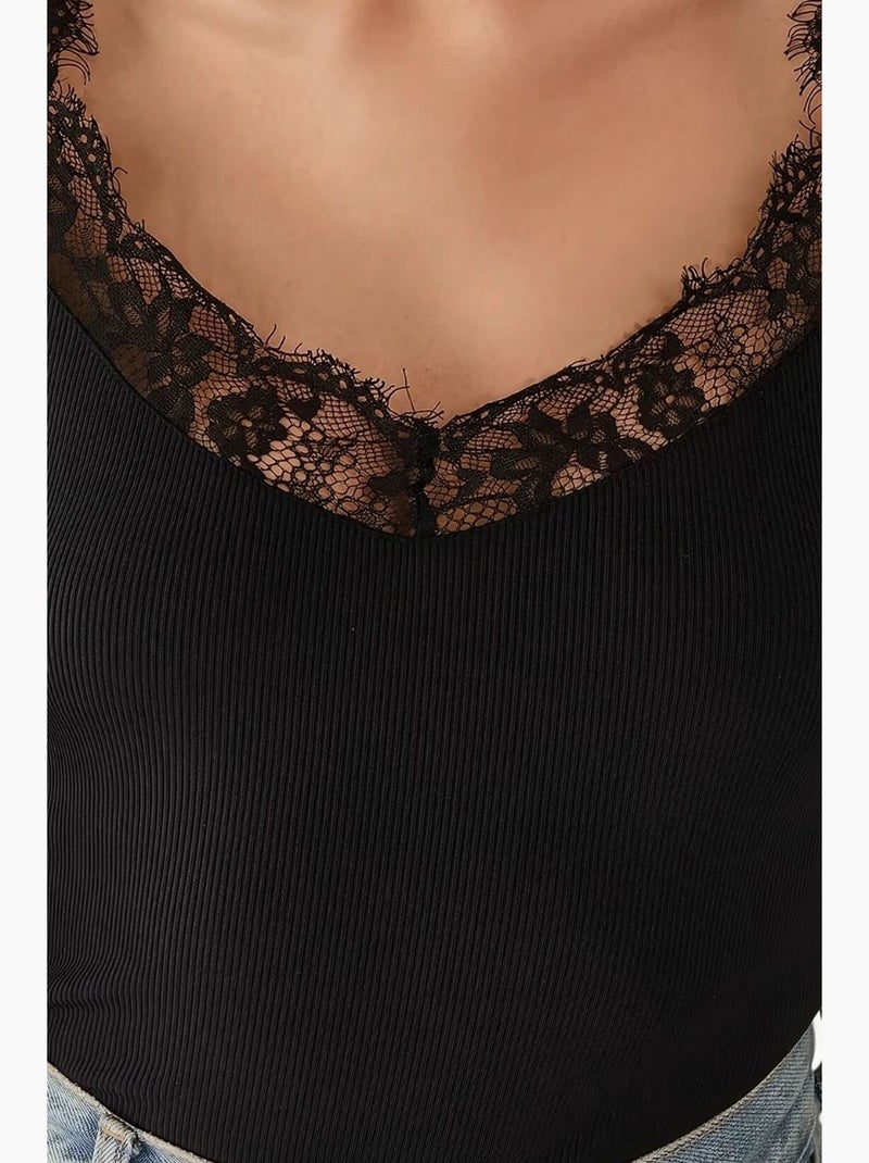 T-shirt ajusté col en v maille détail dentelle manches longues hiccup Noir - Kiabi