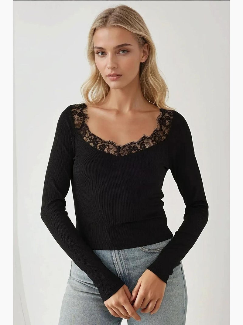 T-shirt ajusté col en v maille détail dentelle manches longues hiccup Noir - Kiabi