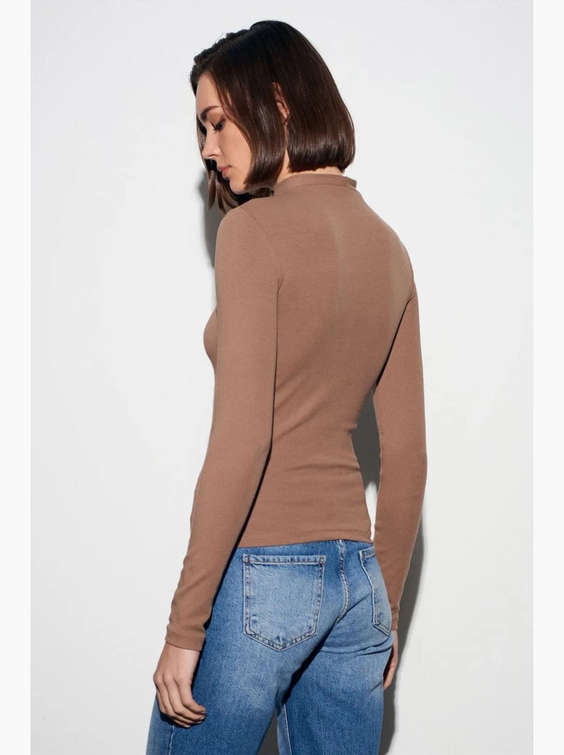 T-shirt ajusté col montant manches longues dilvin Camel - Kiabi