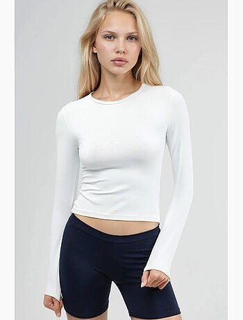 Blouse courte à col rond et manches longues, coupe ajustée busem