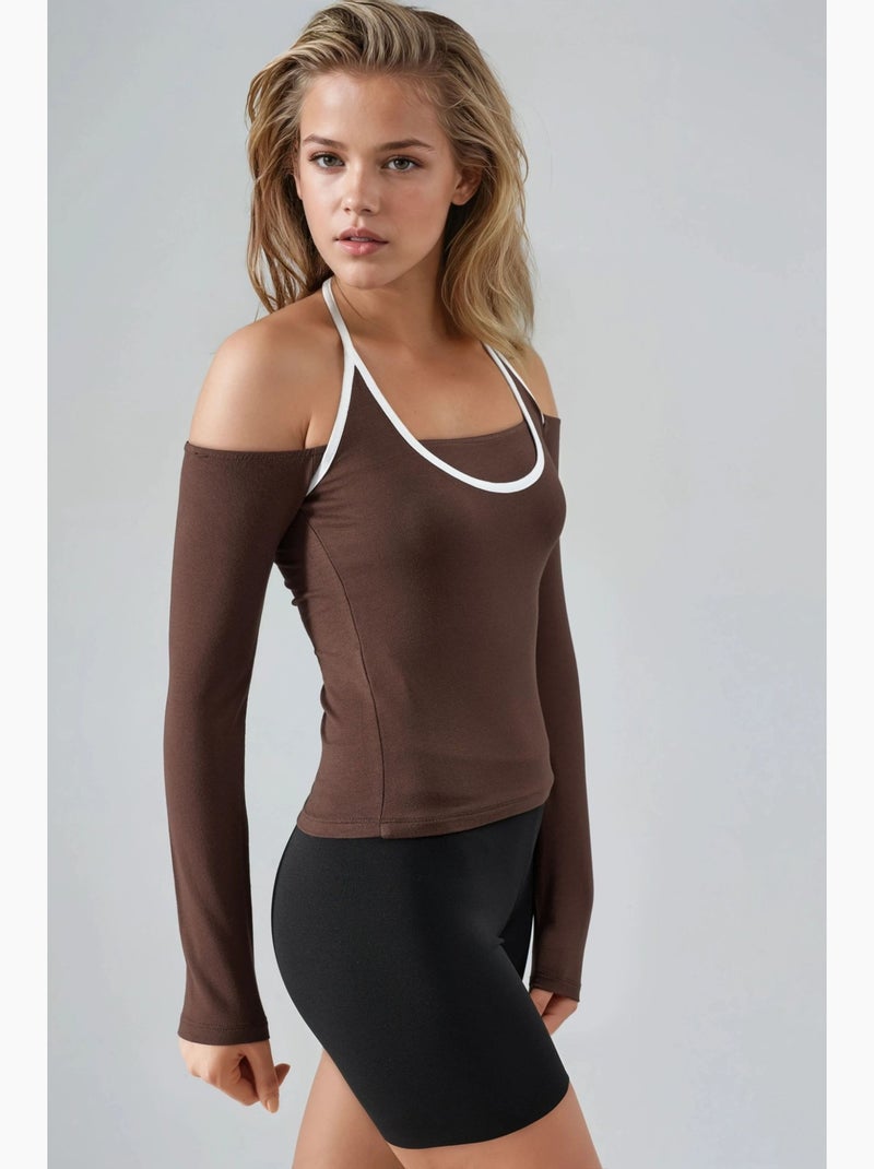 T-shirt ajusté col u bords contrastés manches longues busem Marron clair - Kiabi