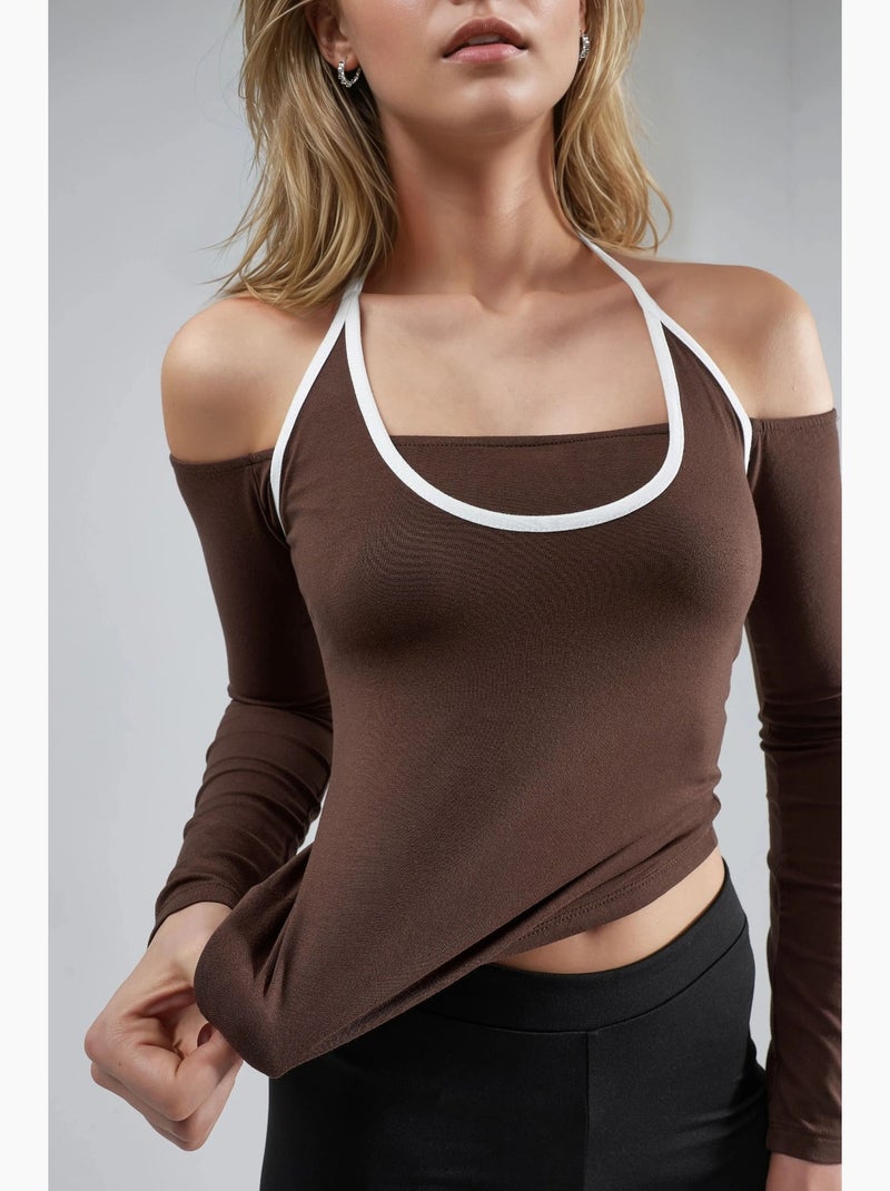 T-shirt ajusté col u bords contrastés manches longues busem Marron clair - Kiabi