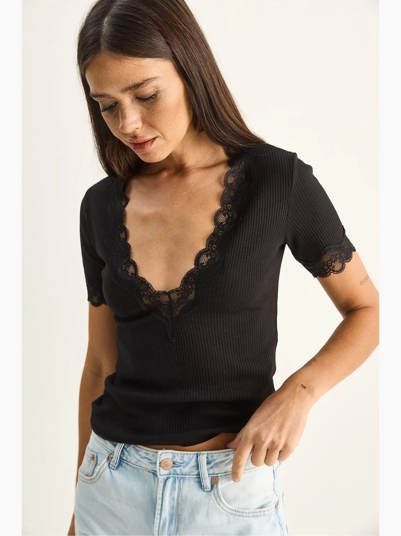 T-shirt ajusté col v dentelle côtelé manches courtes lucci Noir - Kiabi