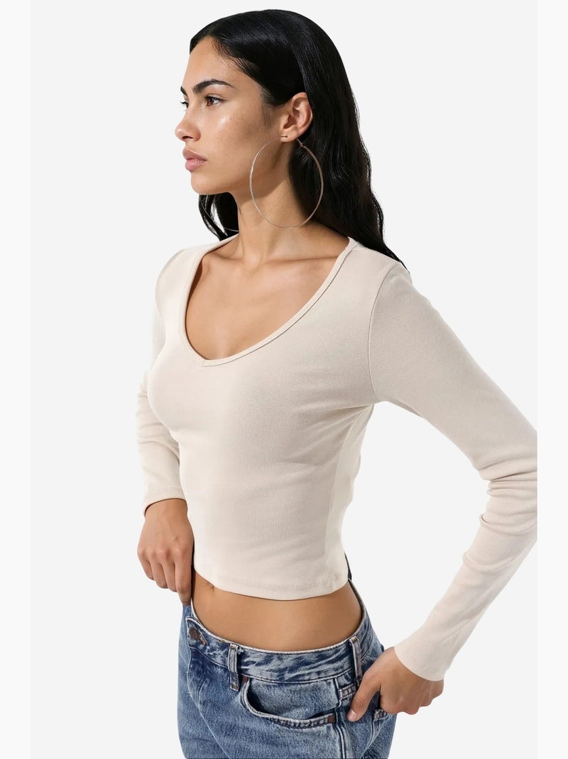 T-shirt ajusté col v manches longues busem Crème - Kiabi