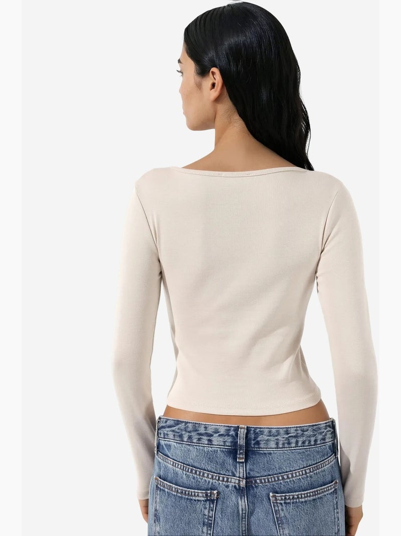 T-shirt ajusté col v manches longues busem Crème - Kiabi