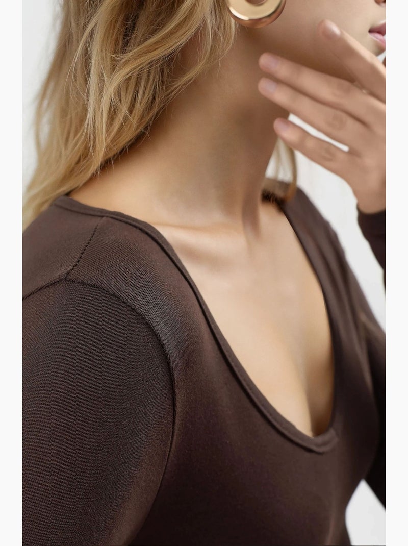 T-shirt ajusté col v manches longues busem Marron chocolat - Kiabi