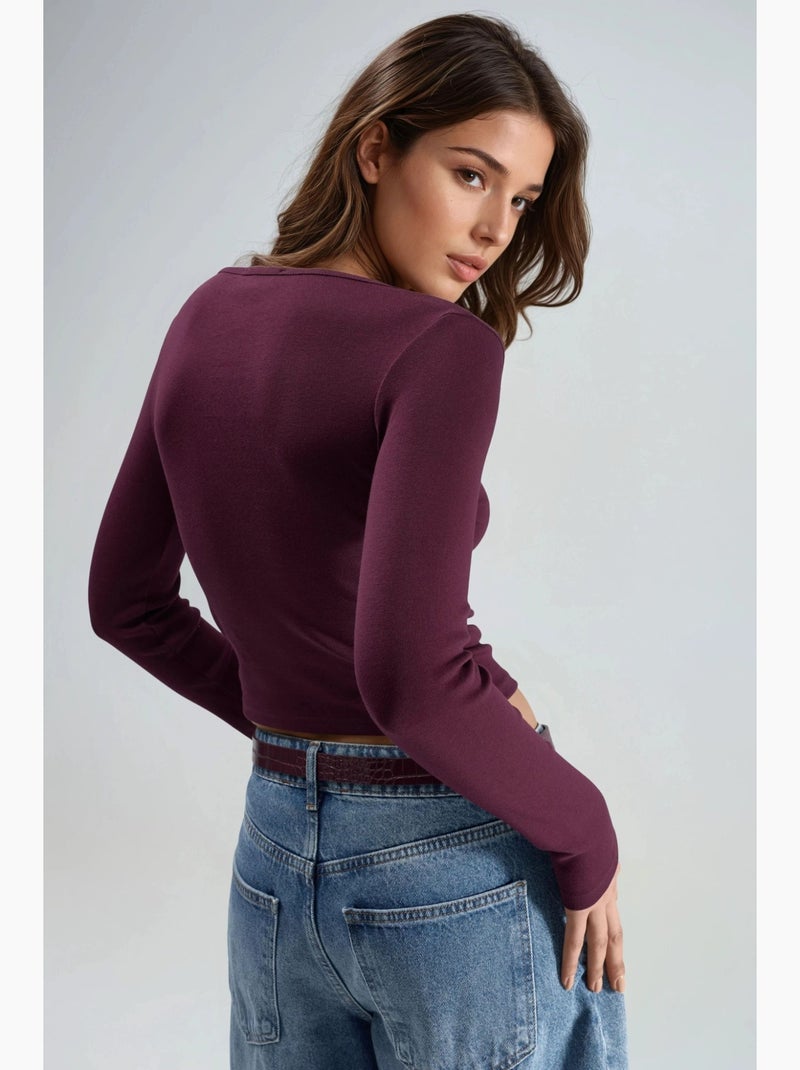 T-shirt ajusté col v manches longues busem Mauve - Kiabi