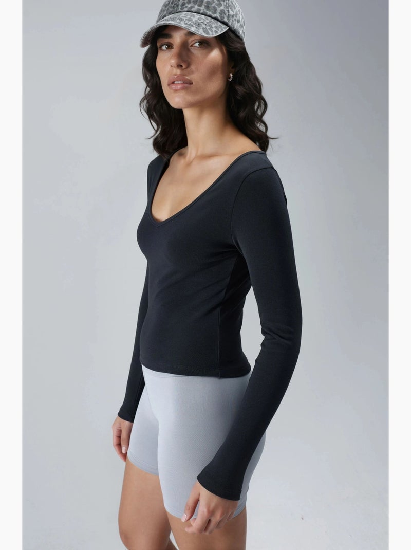 T-shirt ajusté col v manches longues busem Noir - Kiabi