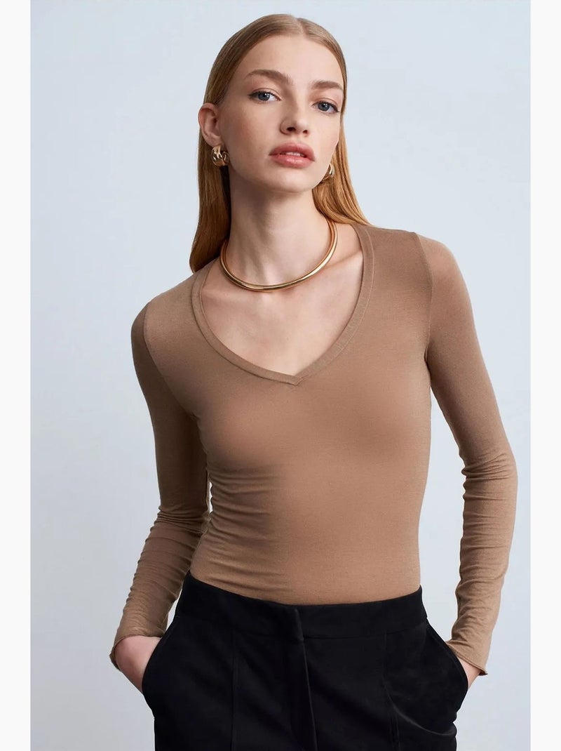T-shirt ajusté col v manches longues dilvin Camel - Kiabi