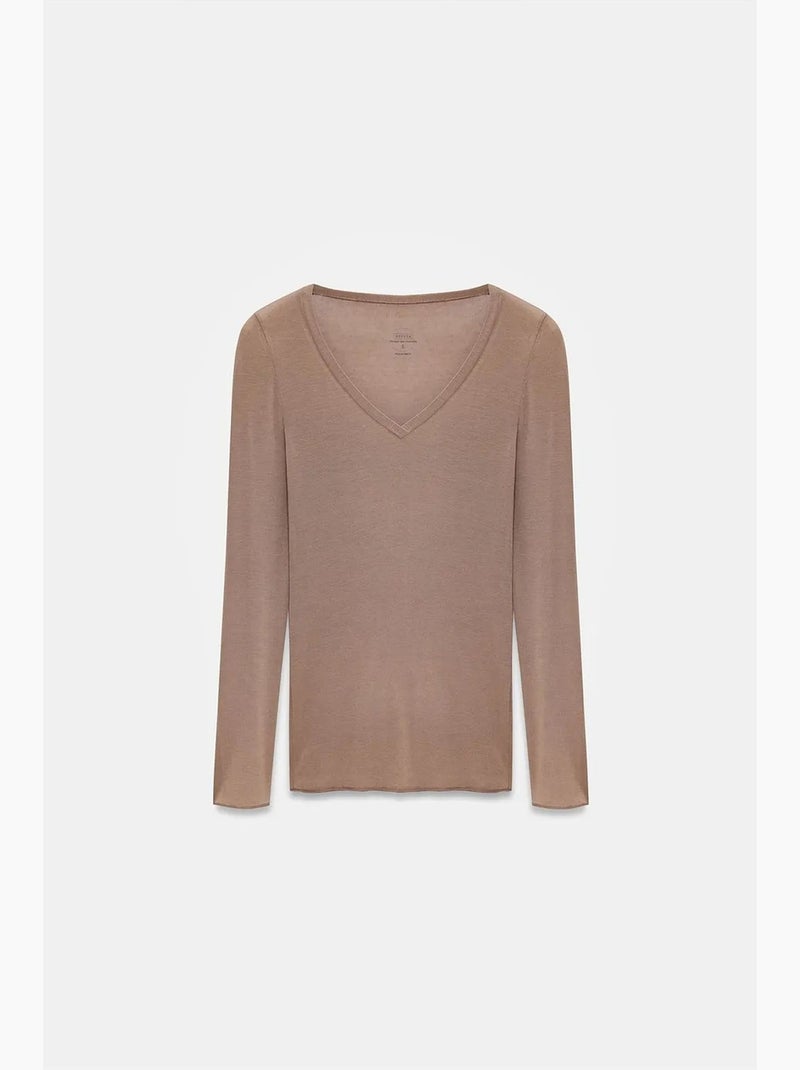 T-shirt ajusté col v manches longues dilvin Camel - Kiabi