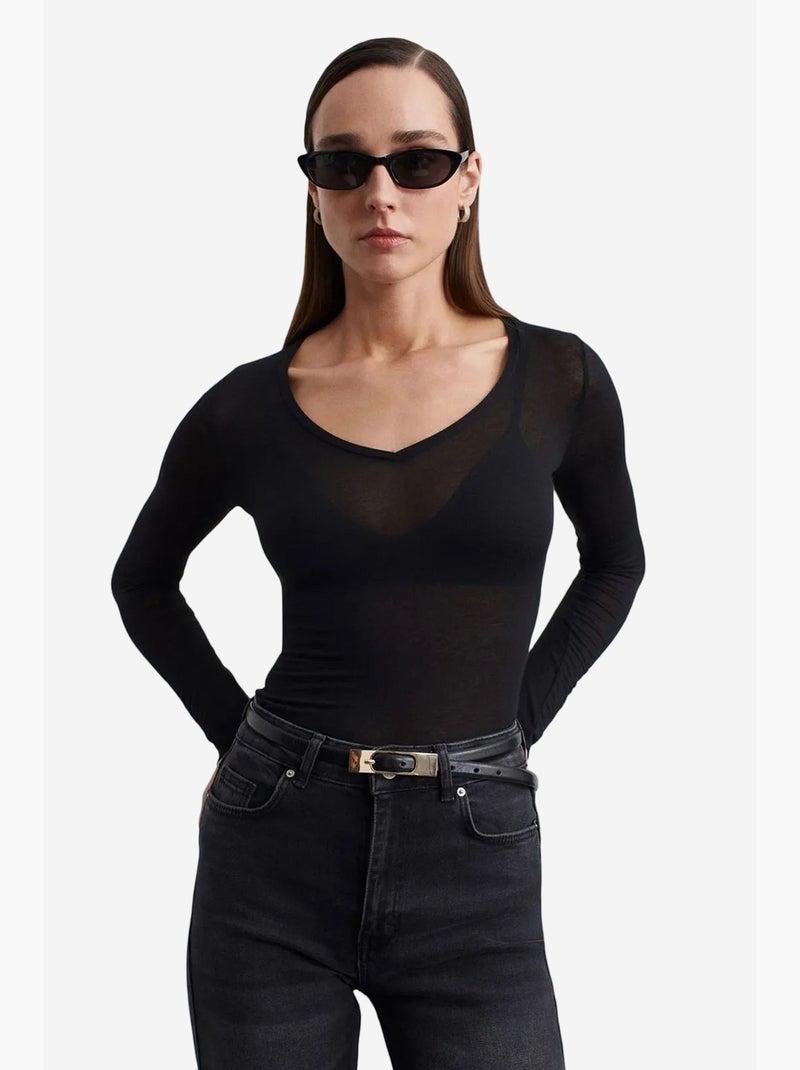 T-shirt ajusté col v manches longues dilvin Noir - Kiabi