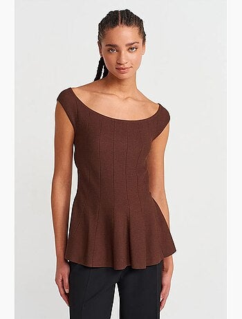 T-shirt ajusté peplum en maille côtelée à manches courtes dilvin