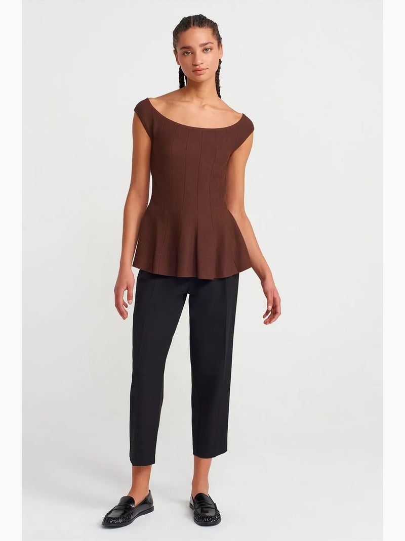 T-shirt ajusté côtelé bas péplum manches courtes dilvin Marron chocolat - Kiabi