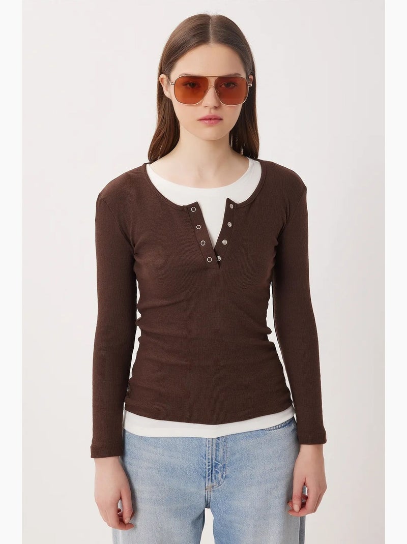 T-shirt ajusté côtelé boutonné manches longues istanbul Marron chocolat - Kiabi