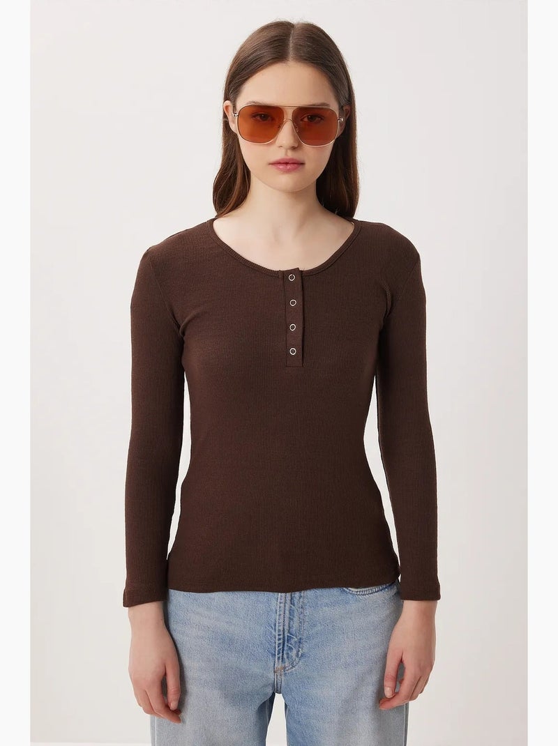T-shirt ajusté côtelé boutonné manches longues istanbul Marron chocolat - Kiabi
