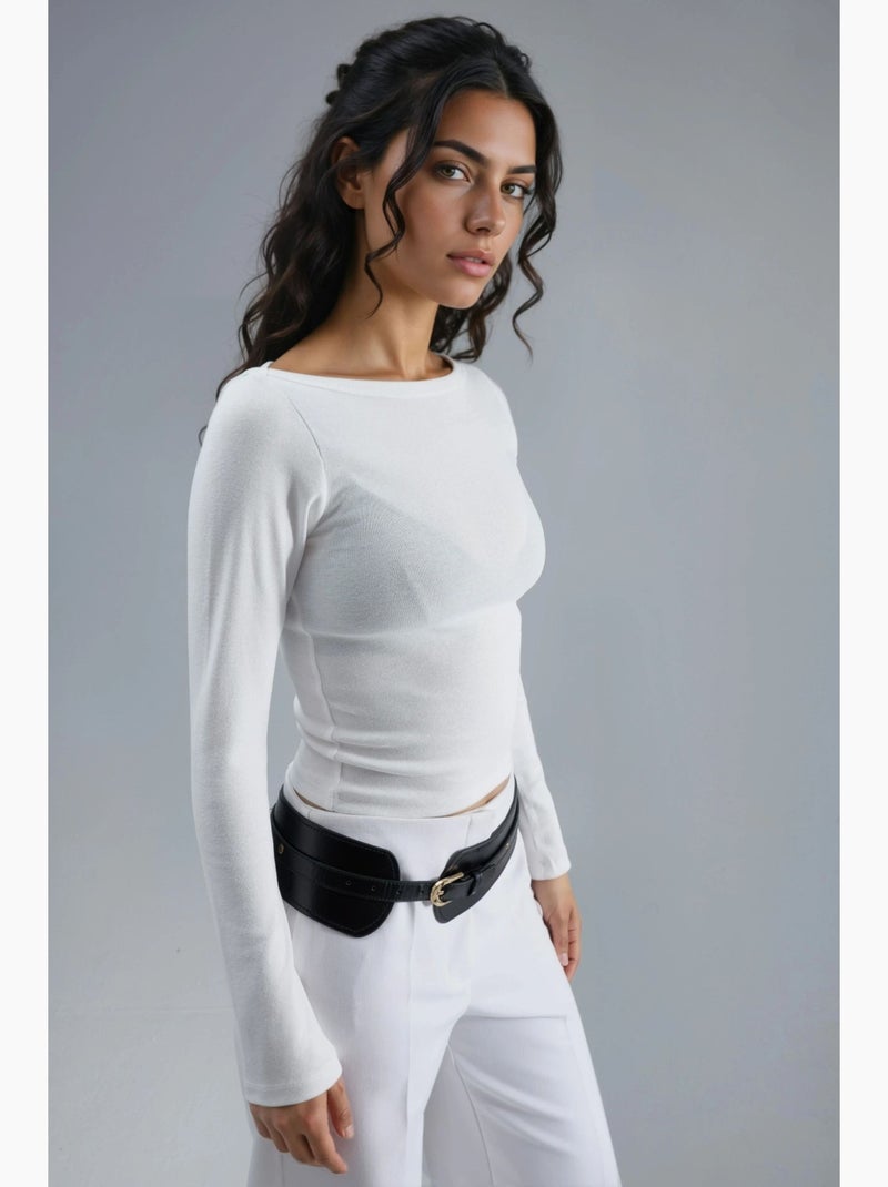 T-shirt ajusté côtelé col bateau manches longues busem Blanc - Kiabi
