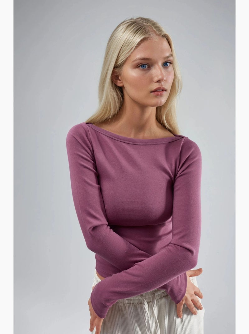 T-shirt ajusté côtelé col bateau manches longues busem Mauve - Kiabi