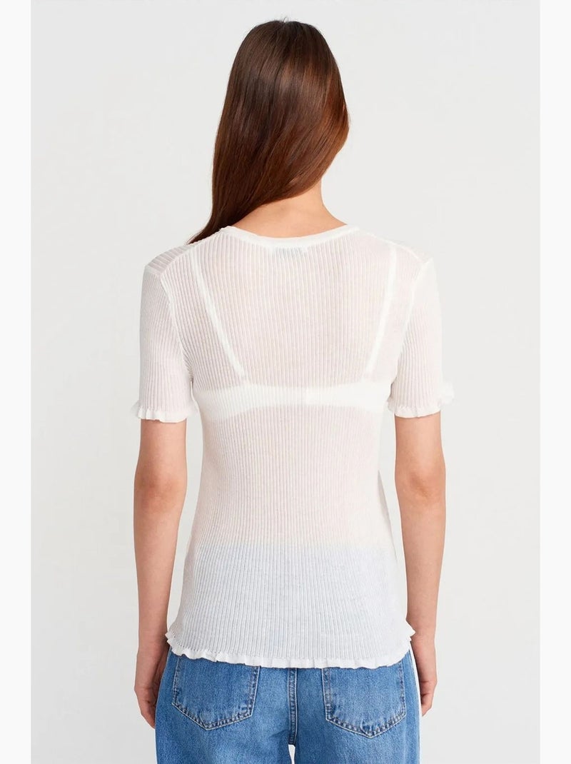 T-shirt ajusté côtelé volant manches courtes dilvin Blanc - Kiabi