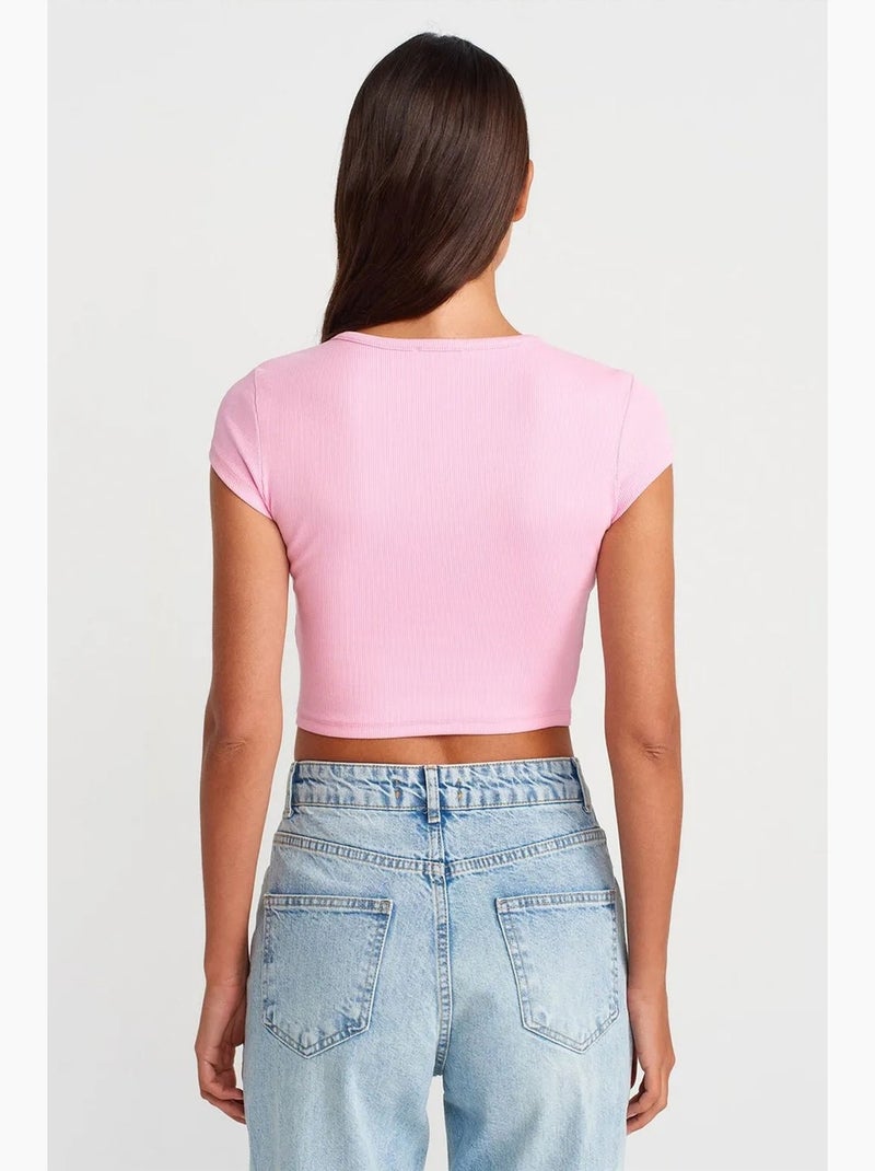 T-shirt ajusté court côtelé manches courtes dilvin Rose dragée - Kiabi