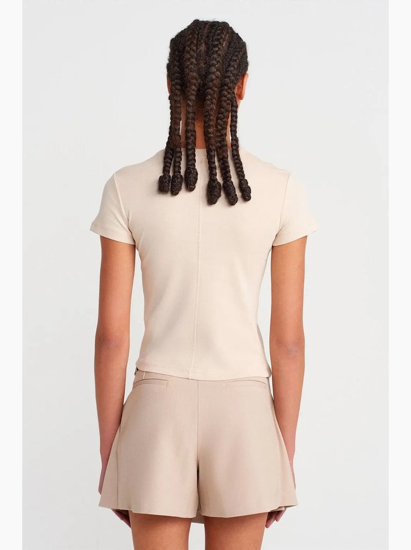 T-shirt ajusté en coton à col v dilvin Beige argile - Kiabi