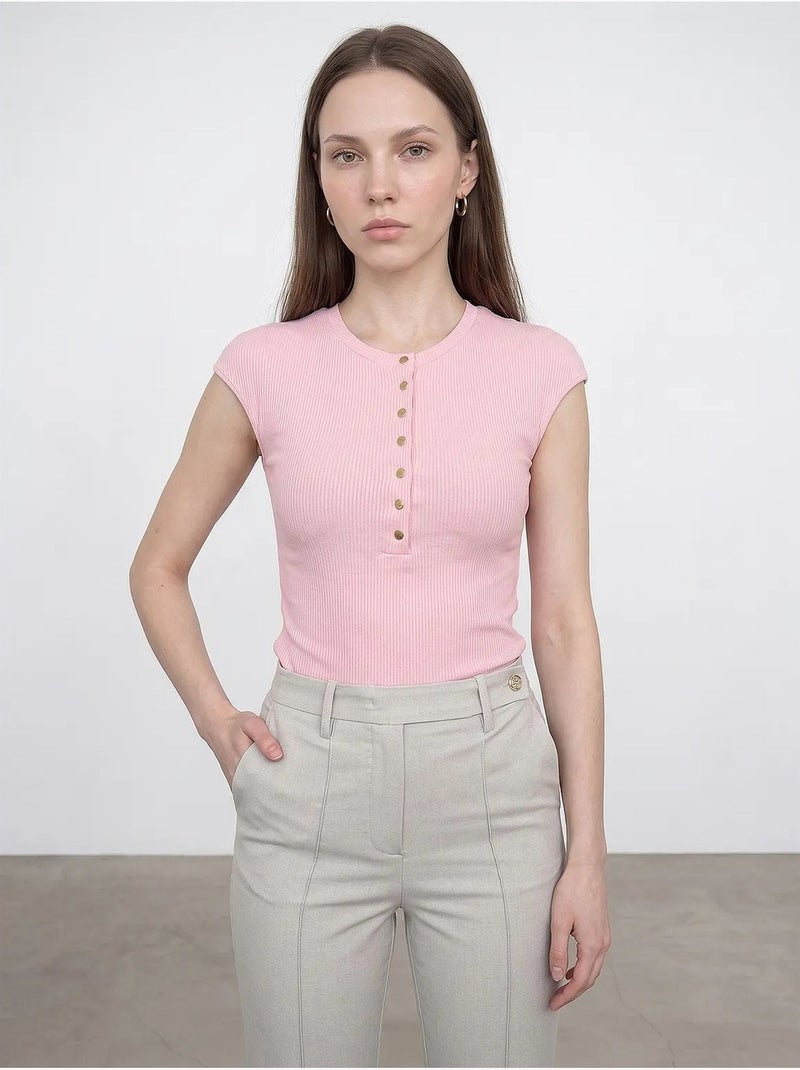 T-shirt ajusté en jersey de coton à col rond dilvin Rose clair - Kiabi